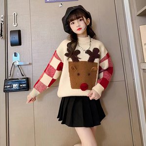 女童麋鹿毛衣秋款新款拼色棋盘格洋气卡通毛衫中大童童装
