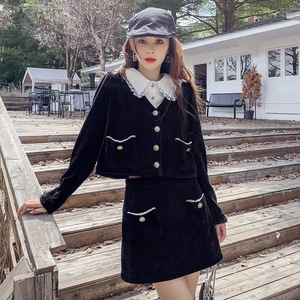 气质套装女春秋款甜美黑色小香风外套韩版灯芯绒