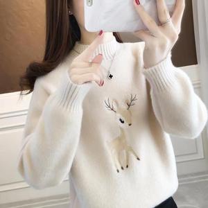 绿色仿水貂绒针织毛衣女秋冬新款宽松半高领加厚女打底衫学生